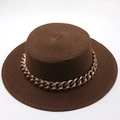 Detail of coffee brown boater straw hat with stylish gold chain band and flat brim - M (56-58cm) / Coffee Style (10)