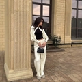 White casual knit sweatshirt set with zip-up jacket and wide-leg trousers for autumn style - S / Yellow