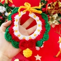 Close-up of hand-knitted Christmas pet scarf with red, green and white festive patterns - M / Single Bell Red & Green Bib
