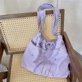 Purple gingham canvas shoulder bag with colorful bow embroidery and drawstring closure - Purple