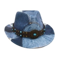 Child-sized vintage patchwork denim fedora hat with turquoise beads and brown band - Kids Size / Light Blue