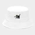 Close-up of funny black cat embroidery with knife on white cotton bucket hat - M (56-58cm) / White