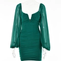 Detail of V-neck dark green bodycon dress featuring sheer mesh lantern sleeves and ruching - XL / Green