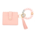 Pink silicone bead bracelet keychain with wavy PU leather card holder and tassel - Pink