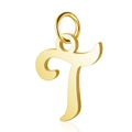 Detailed close-up of a polished golden stainless steel alphabet T charm pendant - Letter T