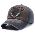 Casquette de baseball rétro en denim délavé marron et bleu avec broderie tête de taureau - Café