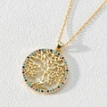 Detail of 18K gold tree of life pendant with colorful stones on a stainless steel chain - Style D-Round Multi-color Zircon Border Tree of Life