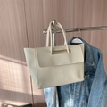 Minimalist beige large capacity tote bag in smooth PU leather with flap design for women - White