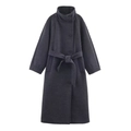 Manteau long en laine gris foncé avec col montant et ceinture assortie, vue à plat - XS / Gris