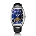 Tonneau mechanical watch with blue dial, silver case and black leather strap - Black Strap Silver Case Black Dial