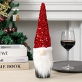 Housse de bouteille de vin gnome de Noël avec paillettes rouges et barbe en peluche - Housse de Bouteille de Vin Gnome à Paillettes Rouges