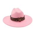 Pink wool felt cowboy hat featuring a brown band and a sparkling rhinestone heart buckle - Pink