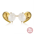 S925 sterling silver heart stud earrings with opal stone and Love engraving in gold finish - White Oval Gem Heart - Gold