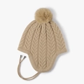 Winter beige cable knit beanie for women with earflaps and fluffy faux fur pompom - One Size / Camel