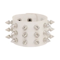 Detailed macro of white leather punk bracelet with triple rows of silver metal spikes - White