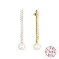 Elegant S925 sterling silver drop earrings with linear zircons and round white pearls - Long Row Diamond Pearl