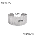 Detail view of silver hollow wide cuff bangle with textured metal wrinkles and dimensions - Crinkled Wide Style (HZ48051A0)