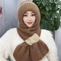 Winter knitted hooded scarf hat in brown and beige colors for women with warm lining - Color Block Style / Khaki