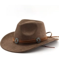 Classic dark brown suede cowboy hat with turquoise metal band on white background - M(56-58cm) / Coffee
