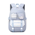 Light blue and white school backpack with cute cat print and multiple storage pockets - Standard Type / Grey Blue
