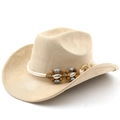 Détail d'un chapeau de cowboy kaki avec perles ethniques artisanales et coquillages - M (56-58cm) / Chameau Clair