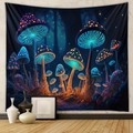 Detailed view of mushroom tapestry hanging on a wall in a modern living room setting - GT230308-Neon Mushroom