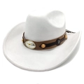 Detail of white western cowboy hat featuring a silver bull head buckle and brown leather band - M (56-58cm) / White