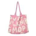 Close-up of pink and white knit tote bag showing intricate jacquard texture and pattern - Pink & White