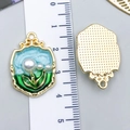 French Monet garden enamel shield charm with pearls and vintage gold plating - Blue-Green Gold-Sprinkled Pearl Bouquet-23586