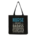 Black canvas nurse tote bag with professional slogans and spacious shoulder design - Black Nurse Humor Slogan Style (hm6999)