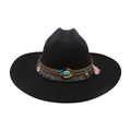 Chapeau fédora noir à bord large avec décoration bohème turquoise et franges - Taille unique / Noir