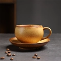 Japanese retro ceramic coffee cup and saucer set with yellow-brown stoneware texture - 255 Amber Round Cup + Saucer (brown) 180ml / Universal