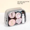 Large silver PU makeup bag with transparent window and zipper, size 22x8x16.5cm - Silver Large Handbag