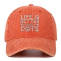 Detail of coral cotton baseball cap with Life Is Better with Cats embroidery and paw icon - Orange
