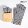 Hemp grey knit touch screen winter gloves for women with faux fur cuffs and deer patch - Style with Fur Cuff and Leather Tag / Gray