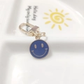 Blue enamel smiley face keychain with golden metal clasp for bags and accessories - Round Face Single Dark Blue