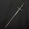 Silver sword hair pin with a red teardrop gemstone and intricate embossed guard detail - Sword Teardrop-Black