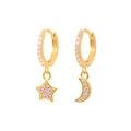 S925 silver needle gold earrings with pink crystals and star moon charms on white background - Pink
