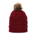 Detailed knit texture and brown faux fur pompom on dark red winter beanie hat - Burgundy