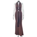 Detail of deep brown halter maxi dress with front lace-up waist and pleated bodycon fit - S / Dark Brown