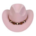Pink western cowboy hat featuring decorative brown cords and wooden beads detailing - M (56-58cm) / Pink (168-O)