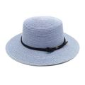 Close-up of a light blue straw sun hat featuring a black leather woven trim and metal charm - M (56-58cm) / Sky Blue