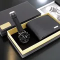 Business gift set featuring a black quartz watch with leather strap and matching wallet - Black Case Black Dial Black Strap Watch + Wallet + Box