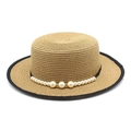 Cappello di paglia stile francese con perle e bordo nero per la moda estiva donna - M (56-58cm) / Cachi
