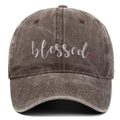 Close-up of white blessed embroidery and red cross on vintage washed cotton baseball cap - Coffee