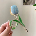 Elegant tulip flower hair claw with blue marble petals and green leaves on gold alloy - L96 Blue Tulip Green Leaf