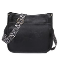 Black PU leather tote bag featuring adjustable leopard print wide shoulder strap and gold hardware - Black