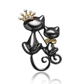 Elegant black cat pair brooch with golden crown and sparkling rhinestones on white base - Black Gold Double Cats (2.6*4.0cm)