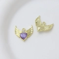 Detailed front and honeycomb back view of a gold angel wing pendant with purple heart stone - Style 36