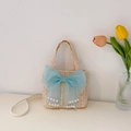Beige woven straw crossbody bag for kids with light blue mesh bow and pearl accents - Off-white with Blue Bow
